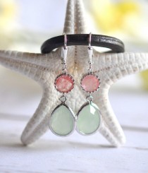 wedding photo - Mint Teardrop and Grapefruit Pink Jewel Drop Earrings in Silver.  Mint and Coral Bridesmaid Dangle Earrings. Jewelry Gift. Wedding. Bridal.