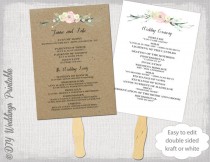 wedding photo - Wedding program fan template "Rustic Flowers" DIY kraft or white order of ceremony printable fan programs Editable Word digital download