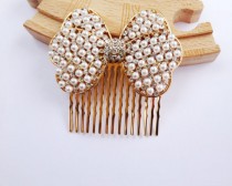 wedding photo - bow pearls and crystal hair comb ,  silver or gold hair comb, wedding rhinestone hair comb, veil comb - CB0006