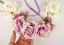 wedding photo - Purple Lilac Peach Pink White Rose Floral Crown - Floral Headband, Flower Crown, Floral Wreath, Wedding, Bridal, Festival, Rose Crown
