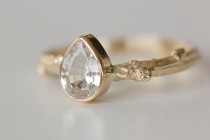 wedding photo - White Sapphire Pear Engagement Ring Bezel Set with Twig Band in 14k Gold