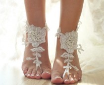 wedding photo - ivory Beach wedding barefoot sandals, floral lace sandals, lace sandals, bridal sandals, wedding sandals, pearl barefoot sandals