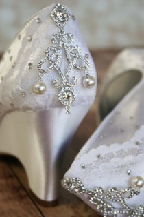 wedding photo - Wedding Shoe SAMPLE SALE -- Light Ivory Peep Toe Wedding Shoes with Partial Lace Overlay, Chandelier Heel and Scattering of Crystals