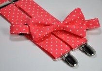 wedding photo - Boy's Bow Tie and Suspender Set - Coral Polka Dots - Children's Bowtie and Suspenders - Wedding Bow Tie