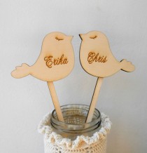 wedding photo - Love Birds Cake Topper, Wedding Cake Topper, Rustic Woodland Wooden Cake Toppers, Personalized Love Birds Toppers