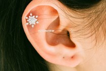 wedding photo - CZ Snowflake Tragus Earring, Snow Winter Theme,Snowflake Piercing,tragus earring,cartilage earring,tragus jewelry,upper ear earring, GJA028