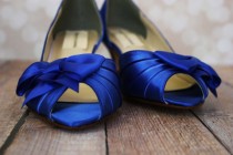 wedding photo - Wedding Shoes -- Royal Blue Peep Toe Kitten Heel Wedding Shoes with Off Center Matching Bow on the Toe