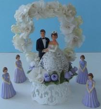 wedding photo - Vintage 1970's Wedding Cake Topper BRIDE & GROOM W LILAC BRIDESMAIDS & ROSES
