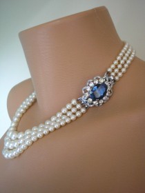 wedding photo -  SAPPHIRE Necklace Statement Necklace, Sapphire Choker Pearl Necklace Great Gatsby Jewelry Pearl Choker Bridal Jewelry Mother Of The Bride
