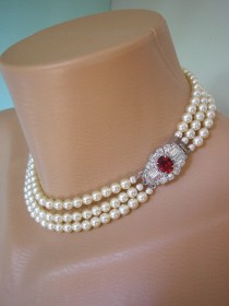 wedding photo -  RUBY Bridal Choker, Pearl Choker, Pearl Necklace, Mother of the Bride, Bridal Jewelry, Great Gatsby, Jewelry Wedding Jewelry, Pearl And Ruby