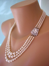 wedding photo -  Long Pearl Necklace, Pearl Choker, Great Gatsby Jewelry, Art Deco, Pearl And Rhinestone, Vintage Bridal, Gatsby Pearls, Bridal Pearls