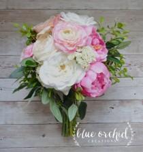 wedding photo - Silk Wedding Bouquet With Pink And Cream Peonies, Ranunculus, Cabbage Roses, Garden Roses And Greenery, Bridal Bouquet