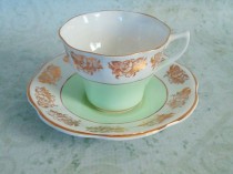 wedding photo - Pastel Green And Gold Gilt Teacup And Saucer Set - Vintage Teacups And Saucers