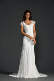 wedding photo - Stunning Low Back Lace Wedding Dress With Lace Capped Sleeves And Dreamy Silk Chiffon Skirt