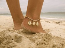 wedding photo - Driftwood Cowrie Anklet, Wooden Beaded With Cowrie Shells And Cotton Tassel