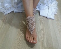 wedding photo -  Champagne Barefoot , french lace sandals, wedding anklet, Beach wedding barefoot sandals, sandals.