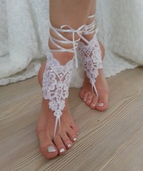 wedding photo -  white Barefoot , french lace sandals, wedding anklet, Beach wedding barefoot party , gift , embroidered sexy ,beatiful ,shoe , sandals.