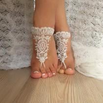 wedding photo -  ivory Barefoot silver frame , french lace sandals, wedding anklet, Beach wedding barefoot sandals, embroidered scaly beaded pearls sexy