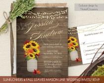 wedding photo - Fall Wedding Invitations Set Sunflowers Fall leaves Rustic Mason Jar Country Wedding Invitations on barn wood- Digital Printable DIY File