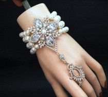 wedding photo -  Gatsby Bracelet, Pearl Slave Bracelet,Crystal Bridal Bracelet,1920's Bracelet, Hand Chain Bracelet, Ring with Bracelet