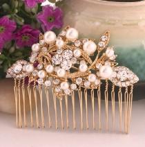 wedding photo -  Vintage Style Gold Wedding Comb, Bridal Head Piece, Gold Plated Rhinestone And Pearl Leaf Headpiece, Gold Wedding Headpiece, Bridal Jewelry