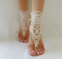 wedding photo -  ivory Barefoot , french lace sandals, wedding anklet, Beach wedding barefoot sandals, embroidered sandals.