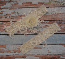 wedding photo -  Ivory Lace Wedding Garter Set, Unique Garter, Your Choice: Coral, Blue, Mint, Camo, Navy Blue, Red, Plum, Harvest Yellow, Copper, Gray, Pink
