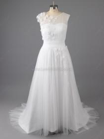 wedding photo -  UK A-line Tulle Scoop Neck Sweep Train Appliques Lace Wedding Dresses