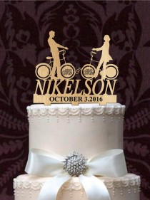 wedding photo -  Personalized Custom Wedding Cake Topper Mr and Mrs with a bicycle silhouette, your last name - Rustic Wedding Cake topper, Monogram topper