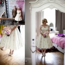 wedding photo - Amzing 2016 Short Sheer Wedding Dresses Illusion Spring Scoop Half Sleeve A Line Full Applique Litter Bridal Ball Gowns Dress Wedding Style Online with $105.92/Piece on Hjklp88's Store 