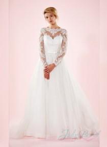 wedding photo - modest illusion lace bateau neck full tulle princess ball gown wedding dress