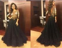 wedding photo - 2016 Elegant Black Arabic Myriam Fares Evening Party Dresses Half Sleeves Plus Size Sheer Scoop Prom A Line Crystal Sequins Ball Gowns Online with $118.52/Piece on Hjklp88's Store 