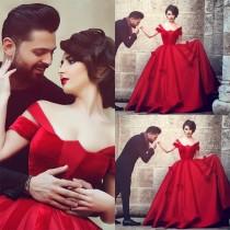 wedding photo - New Style Plus Size Arabic Wedding Dresses 2016 Hot Red Chapel Train Bridal Gowns Off Shoulder Satin Garden Beach Color Wedding Ball Online with $129.06/Piece on Hjklp88's Store 