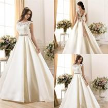 wedding photo - New Arrival Sheer Lace 2015 Wedding Dresses A-Line Satin Beads Sash Low Zip Back Ivory Spring Capped Bridal Gowns Ball Dress Wedding Style Online with $129.95/Piece on Hjklp88's Store 