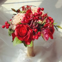 wedding photo -  Red Bridal Bouquet Red Berry Silk Roses Succulent Bouquet For Brides Bridesmaids Bouquet For Outdoor Wedding