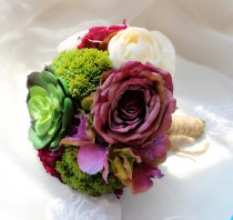 wedding photo -  Faux Mini Succulents Bouquet Silk Hydrangea Rose Elegant Peony Bouquet Vintage Purple Bridal Bouquet