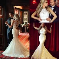 wedding photo - Stunning Mermaid Full Lace Arabic 2016 Wedding Dresses with Crew Neck Sheer Trumpet Beads Sash Custom Bridal Dresses Gowns Hollow Back Online with $141.52/Piece on Hjklp88's Store 