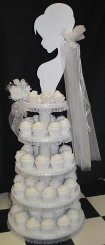 wedding photo - Bride 5 Tier Cupcake Dessert Stand; Pink/silver Veil And Bouquet (changeable)