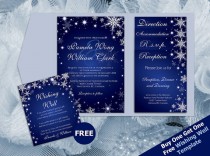 wedding photo -  DIY Printable Wedding Pocket Fold Invitation Set A7 5 x 7 | Editable MS Word file | Winter White Snowflakes Royal Blue Sparkles