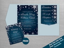 wedding photo -  DIY Printable Wedding Pocket Fold Invitation Set A7 5 x 7 | Editable MS Word file | Winter White Snowflakes Dark Turquoise