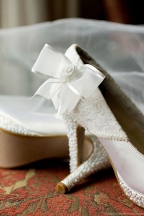 wedding photo - Custom Wedding Shoes -- White Platform Heels With Lace Overlay, White Bow And Swarovski Rhinestone Details