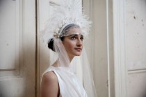 wedding photo - Statement Wedding Headpiece With Ivory Feathers - Vintage Showgirl Feather Headdress - Carnival Wedding - Bohemian Bridal Headpiece