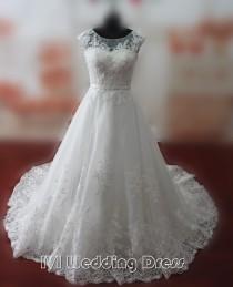 wedding photo -  Real Samples Sheer Jewel Neckline Wedding Dresses with Pearls Lace-up Chapel Train Lace Bridal Gowns Custom Made Wedding Gowns