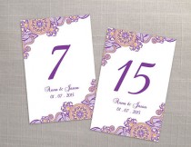 wedding photo -  DIY Printable Wedding Table Number Template | Editable MS Word file | 4 x 6 | Instant Download | Purple Orange Henna Design Small Flower