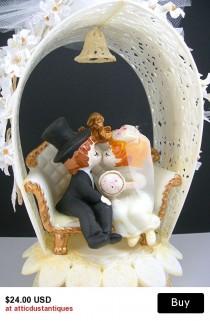 wedding photo - Wedding Cake Topper, Vintage C1970, Wilton, Hong Kong, Ceramic Bride And Groom Kissing On Loveseat, White Tulle & Flower