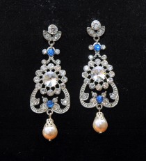 wedding photo -  Art Deco Blue Bridal Earrings, Pearl Wedding Earrings, Long Blue Earrings, Rhinestone Blue Jewelry