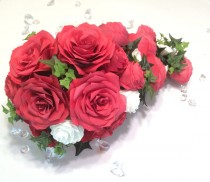 wedding photo -  Cascading bouquet in red and white paper Roses and Peonies with small white paper accent flowers and silk leaves, Made in your color choice