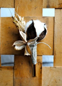 wedding photo - Cotton Boutonniere - Natural Single Cotton Boll With Cotton Bur And Golden Wheat - Groom - Groomsmen