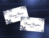 wedding photo -  DIY Printable Wedding Place Card Template | Editable MS Word file | 3.5 x 2 | Instant Download | Winter Royal Navy Blue Bubble Snowflakes