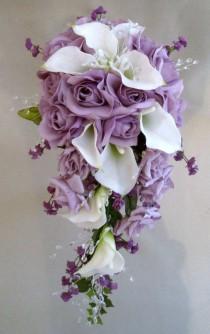 wedding photo - Calla Lilys And Lavender Roses Wedding Cascading Bouquet ( 9 Pcs Set )
